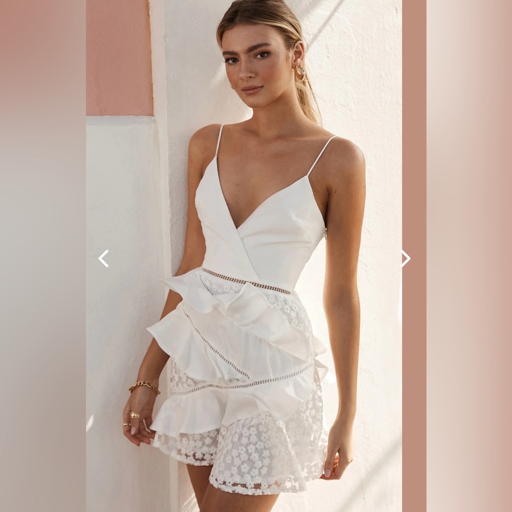 Taurus Floral Embroidery and Ruffle Trim Dress White